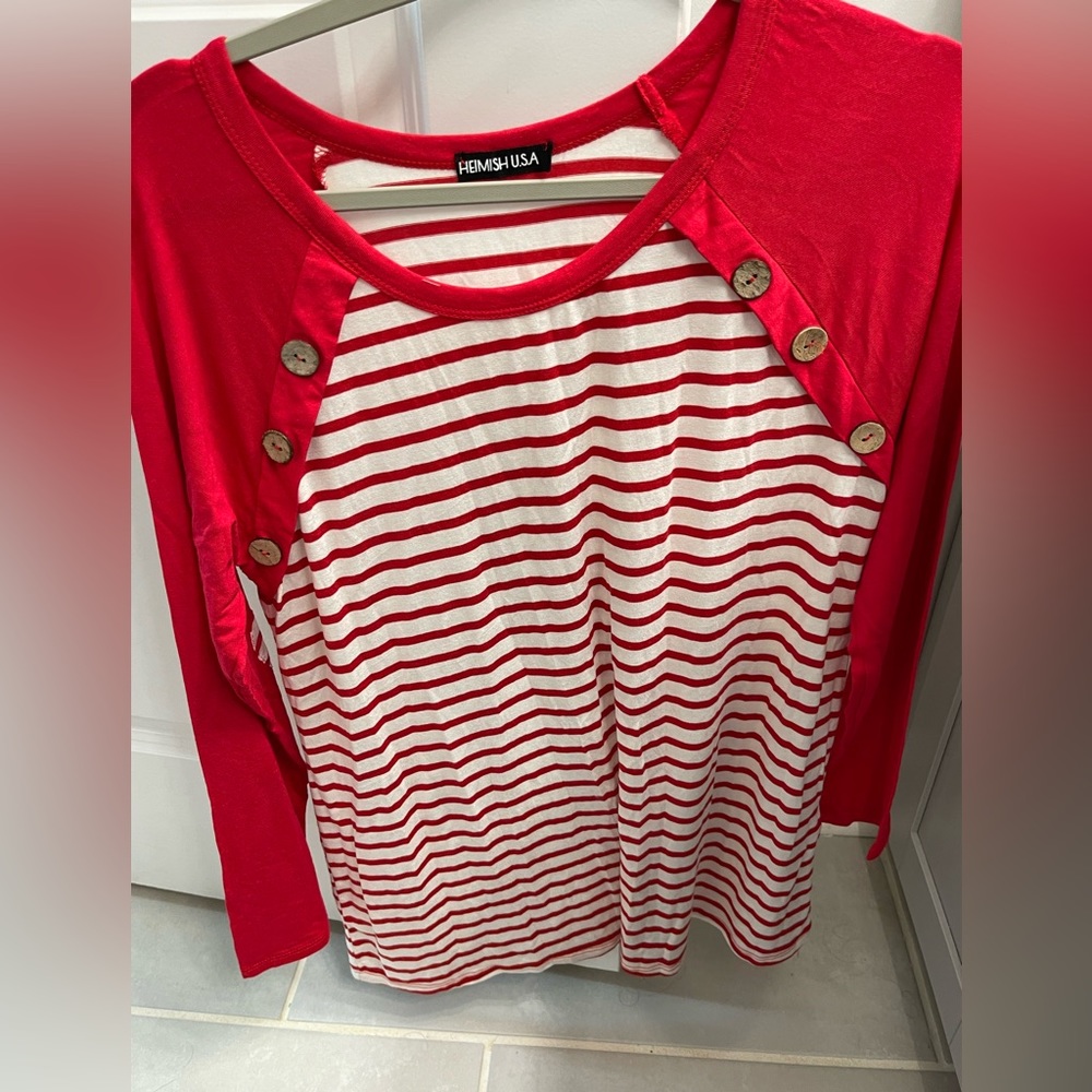 Heimish Red and White Striped Heart Top NWOT